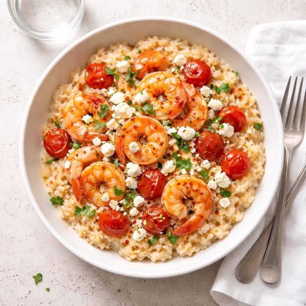 Scampi-risotto med perletomater og feta