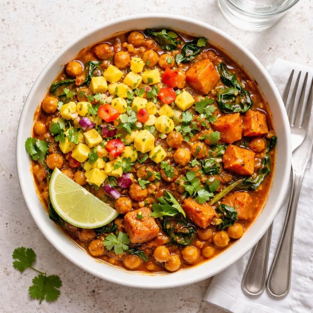 Kikertgryte med søtpotet, spinat og mango-salsa