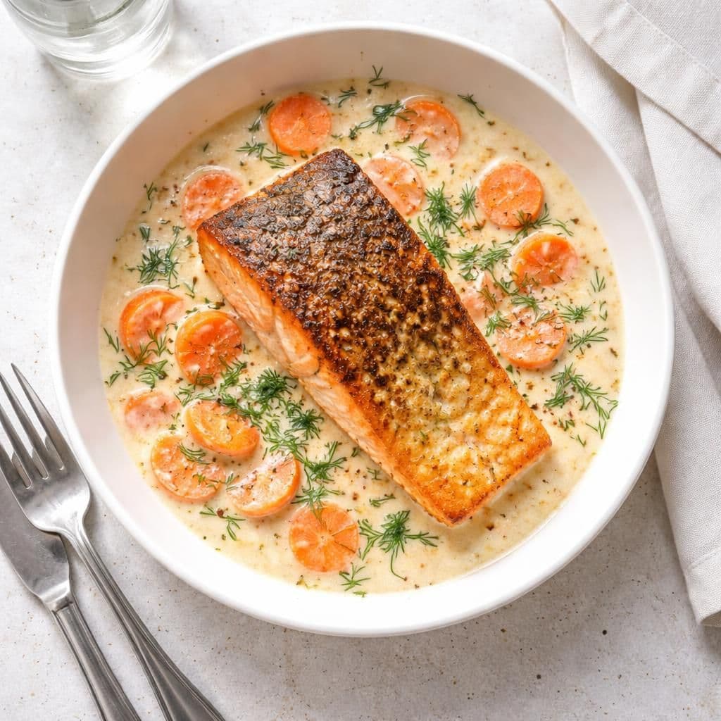 Stekt laksefilet med gulrot og matfløtesaus