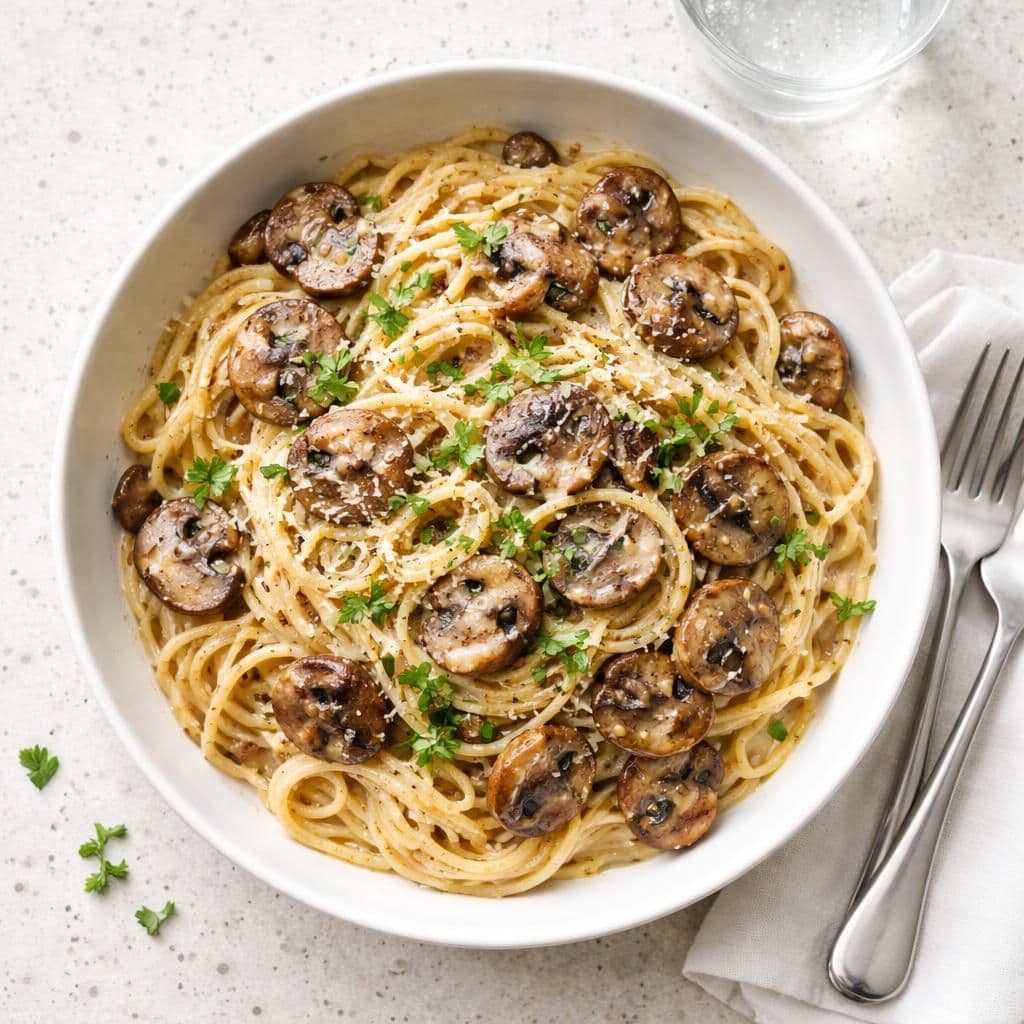 Spaghetti med sjampinjong og kremet hvitløkssaus