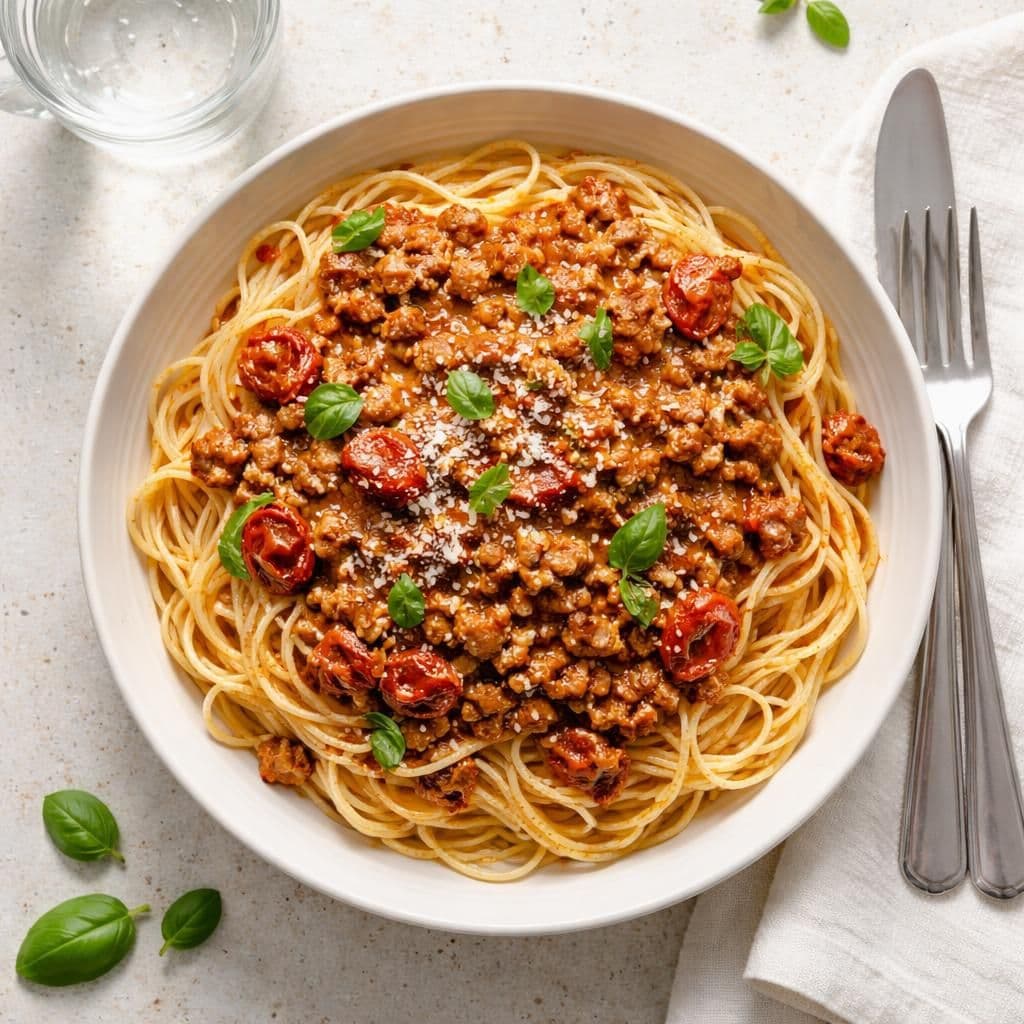 Svinekjøttdeig bolognese med spaghetti og sundried tomatoes