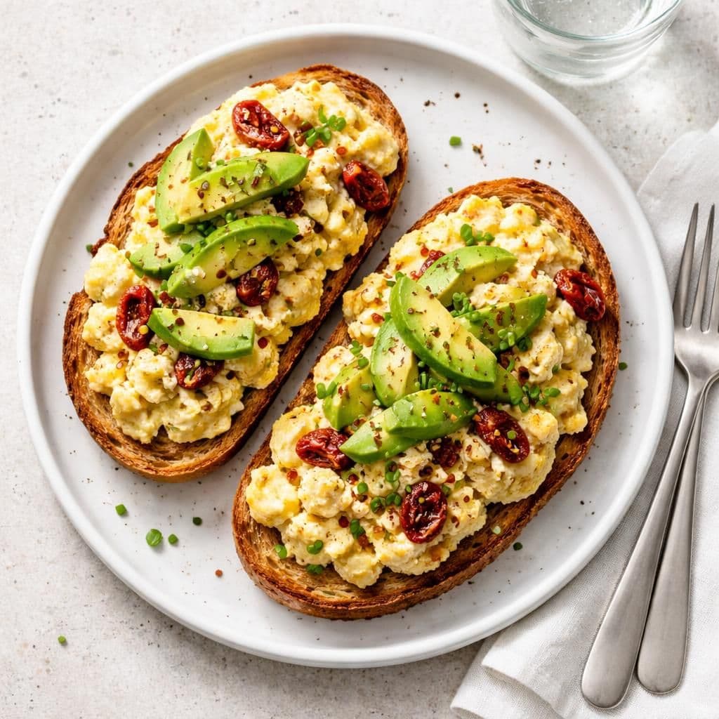 Eggerøre med sundried tomatoes og avokado på toast