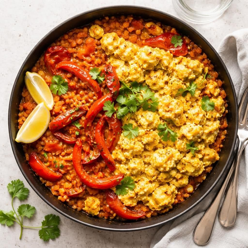 Eggerøre med røde linser og stekt paprika