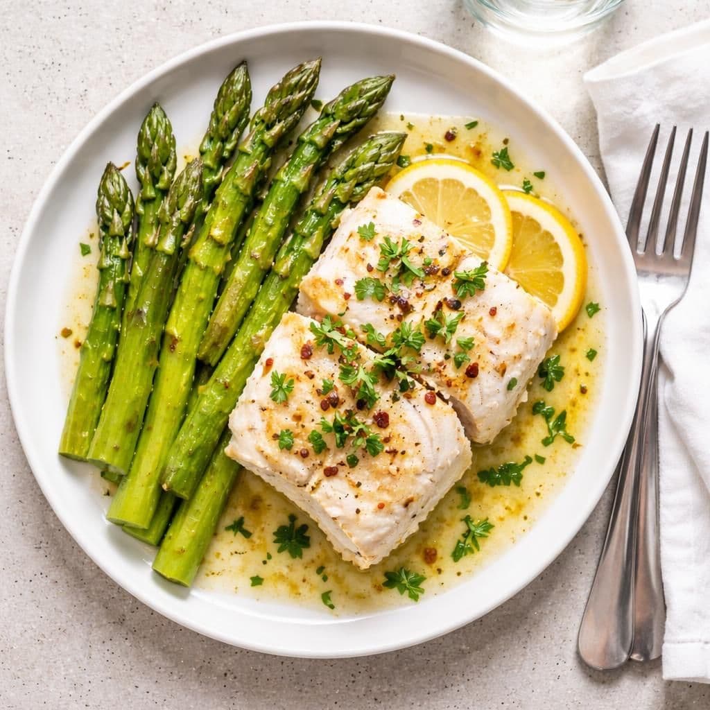 Ovnsbakt torsk med grønn asparges og hvitvin