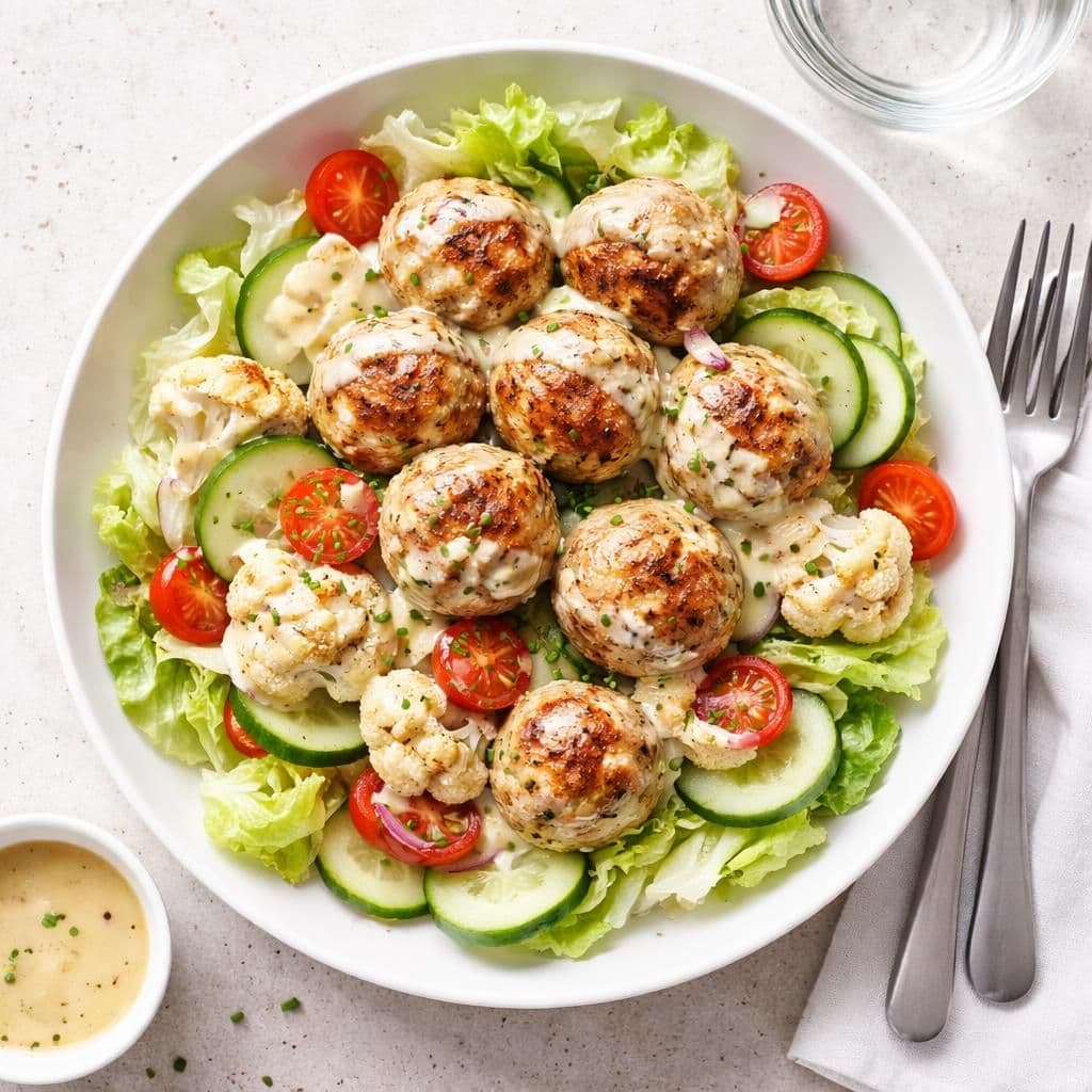 Kyllingkjøttdeig ovnsfrikadeller med blomkål og isbergmiks