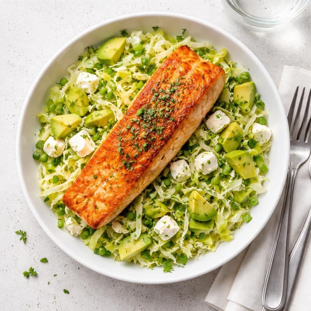 Stekt laks med avokado, fetaost og nykålsalat