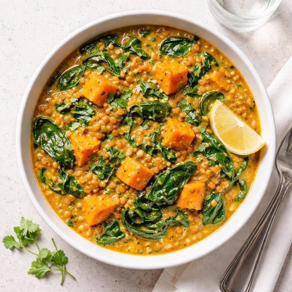 Søtpotet-dal med røde linser og spinat