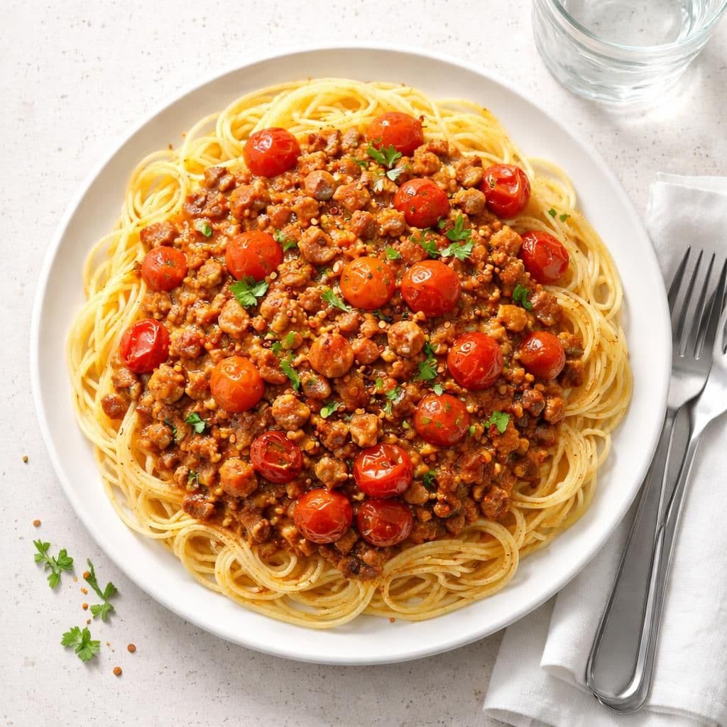 Stekt svinekjøttdeig med chorizo og perletomater