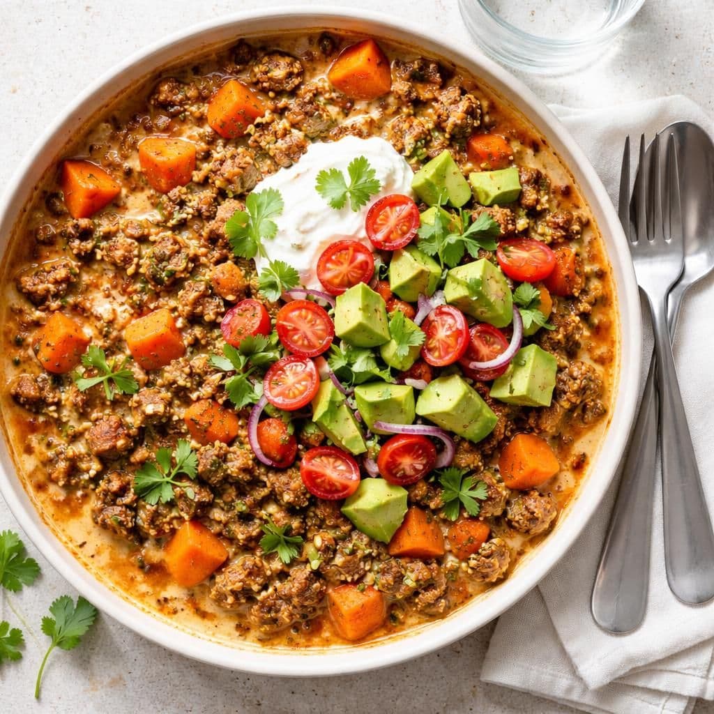 Oksekjøttdeig kebabgryte med lettrømme og gulerøtter