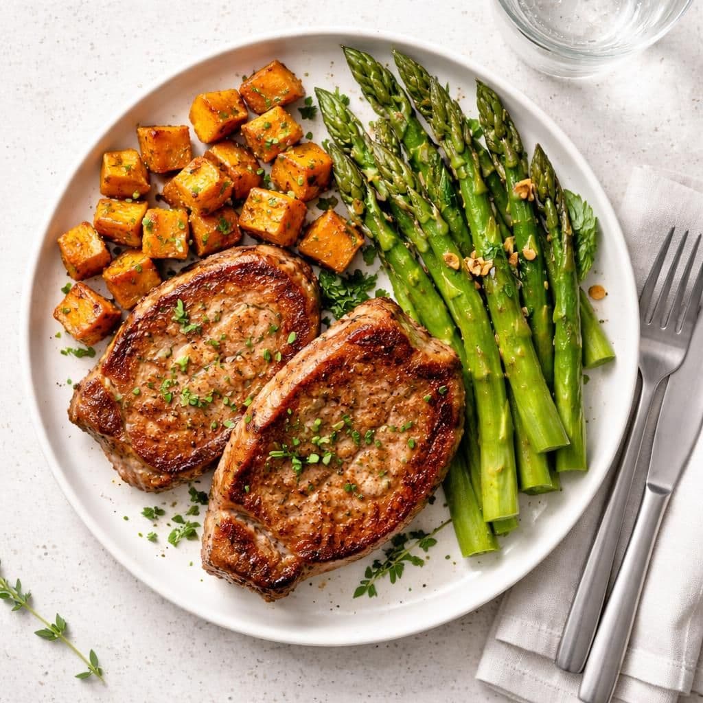 Sommerkoteletter med stekte søtpoteter og asparges