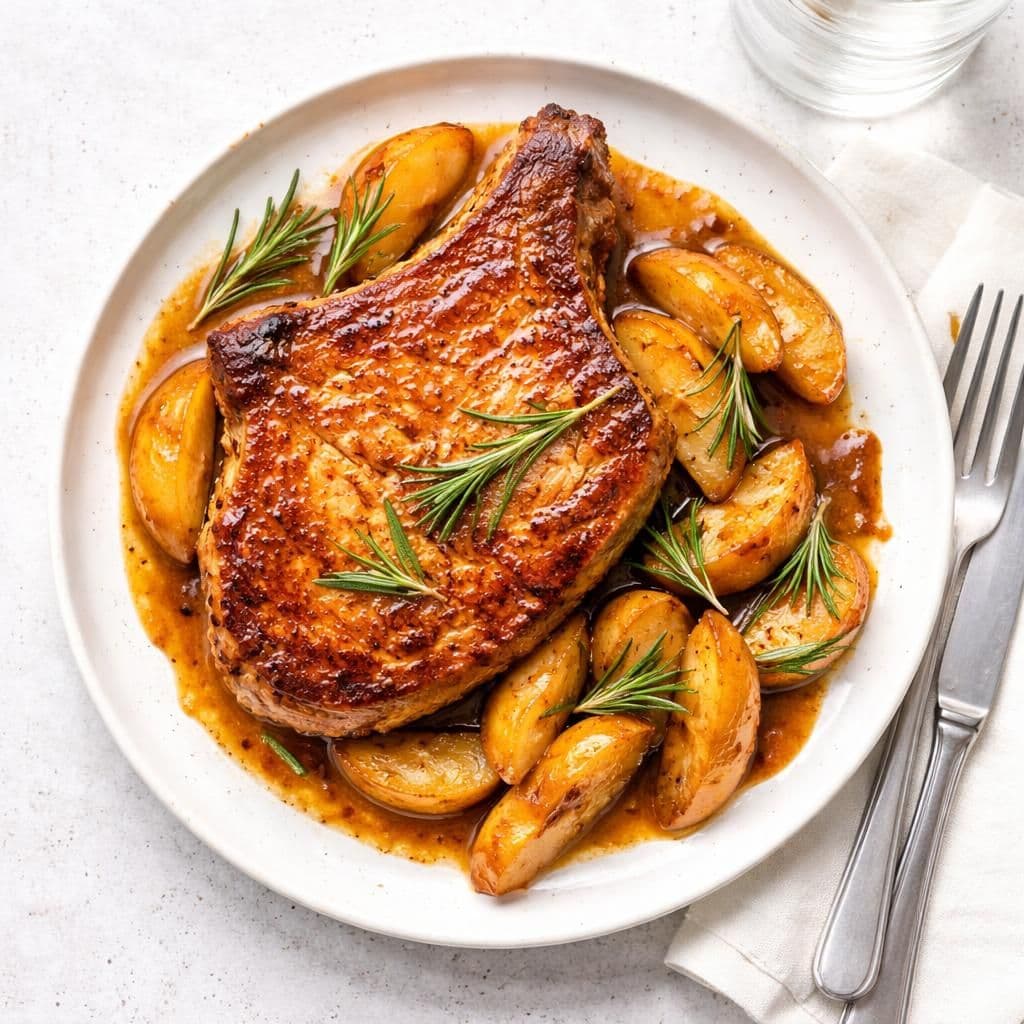 Svinekotelett med karamellisert eple og rosmarin