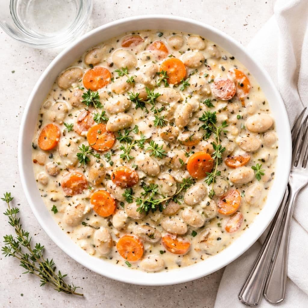 Hvite bønner og grønnsaker i kremet Philadelphia-saus