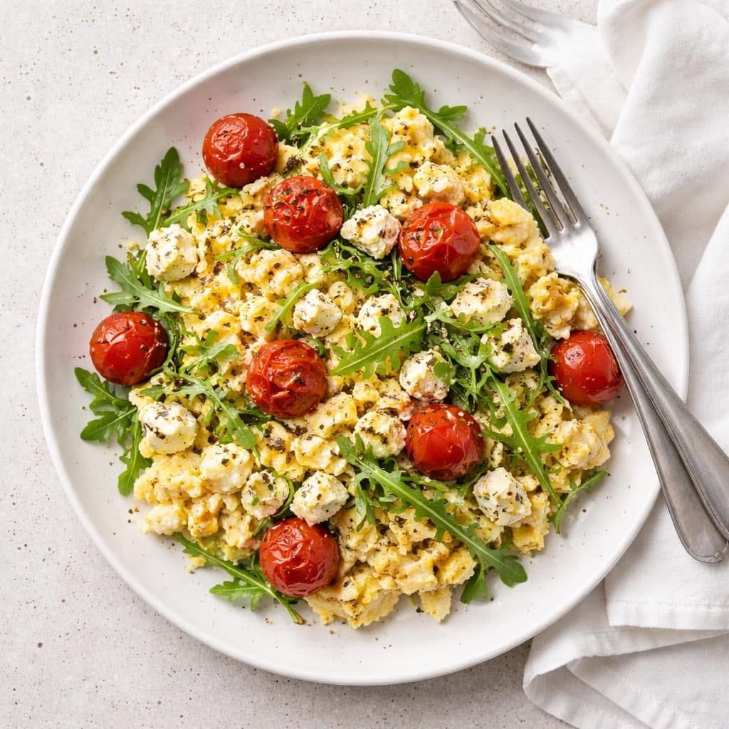 Eggerøre med salatost, tomater og ruccula