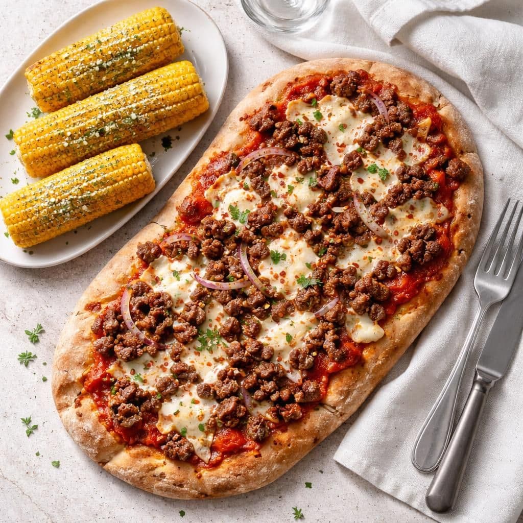 Pinsa med oksekjøttdeig og maiskolber som tilbehør