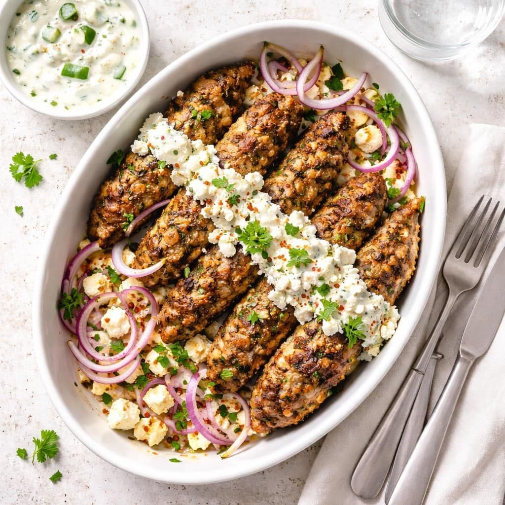 Svinekjøttdeig kebab i ovn med fetaost og yoghurtsaus