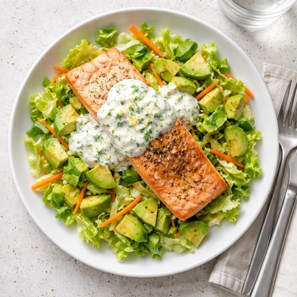 Laksefilet med lettrømmedressing og avokadosalat