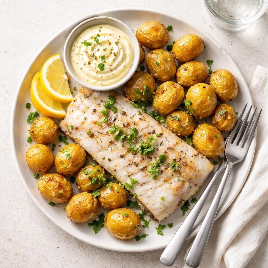 Ovnsbakt sei med små gule poteter og aioli