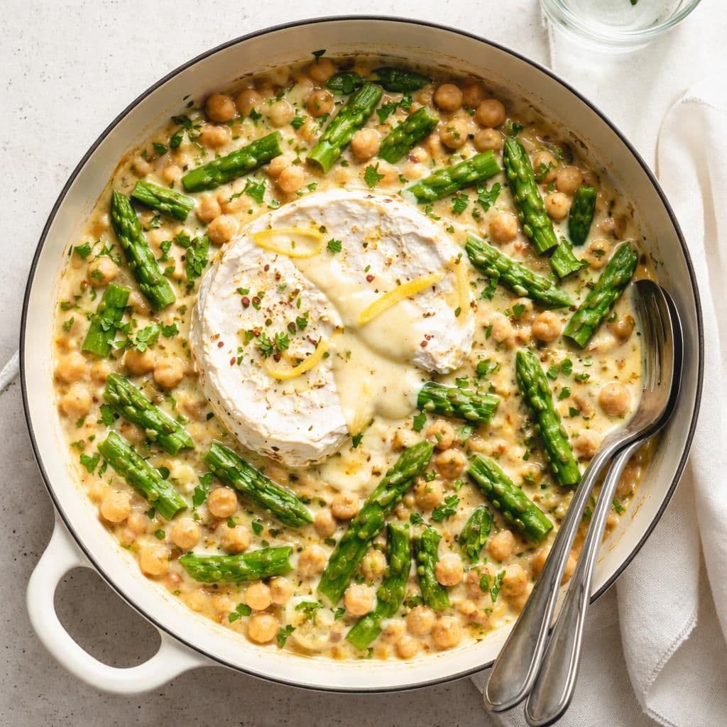 Camembert-gryte med kikerter og grønn asparges