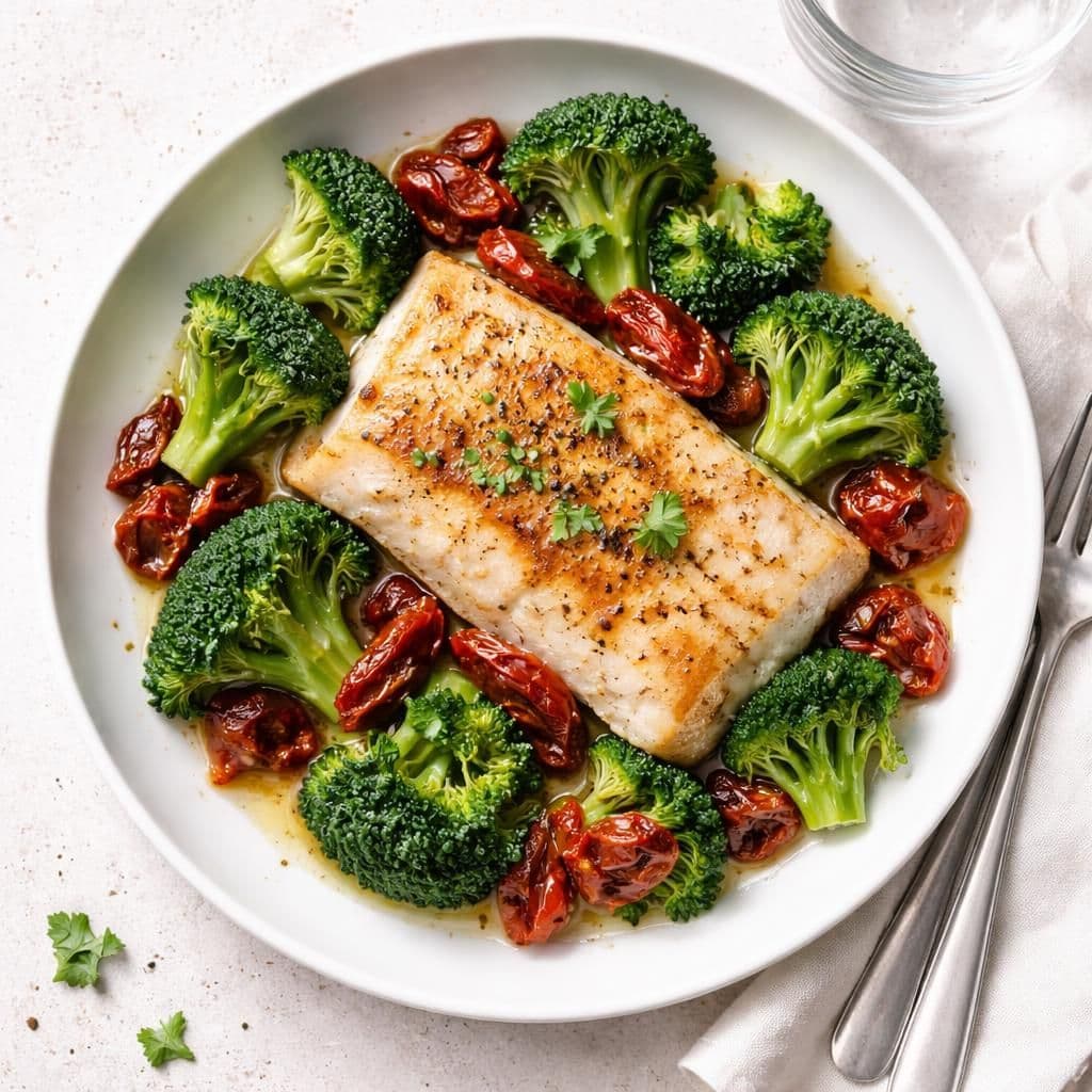 Stekt sei med brokkoli og soltørket tomat