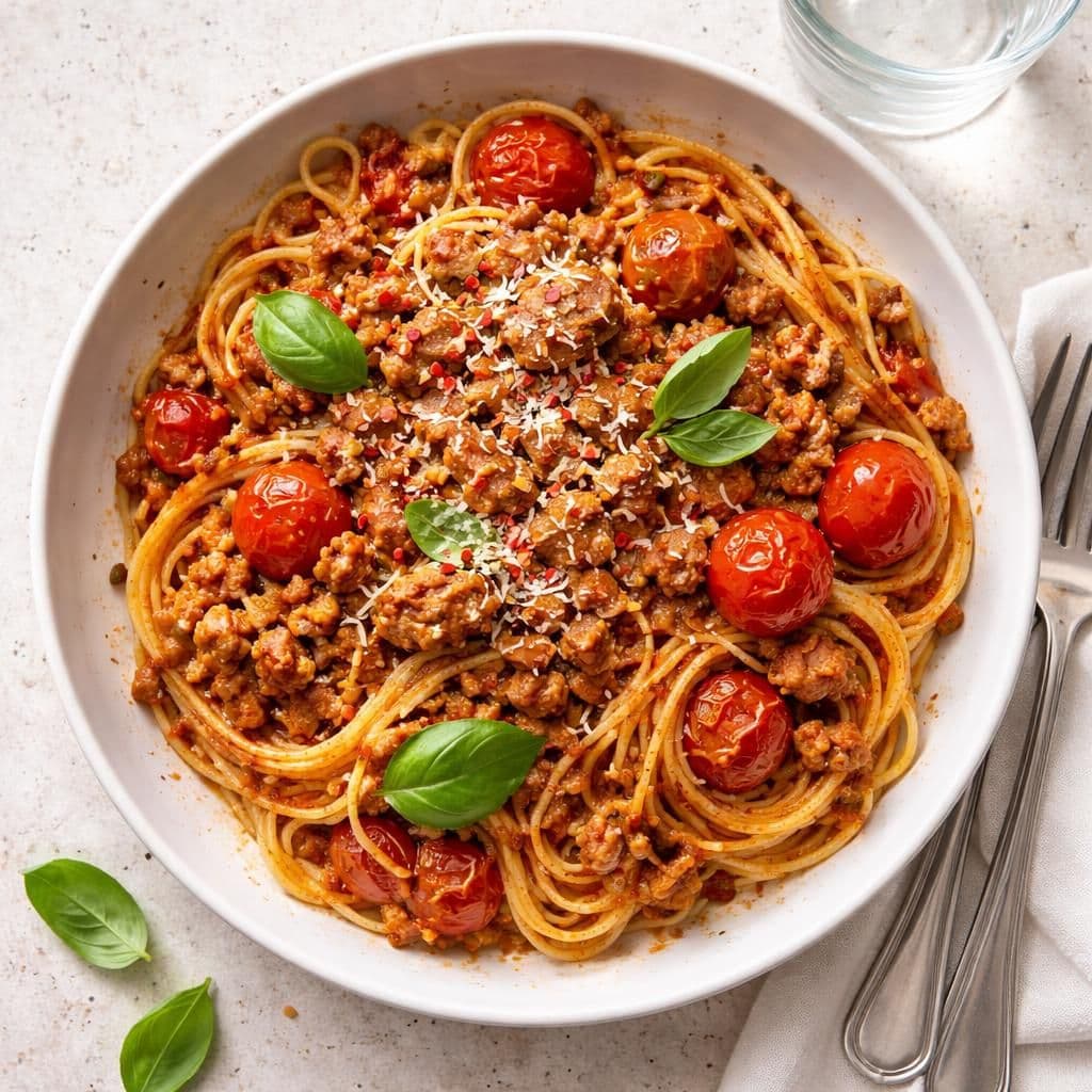 Svinekjøttdeig bolognese med spaghetti og perletomater
