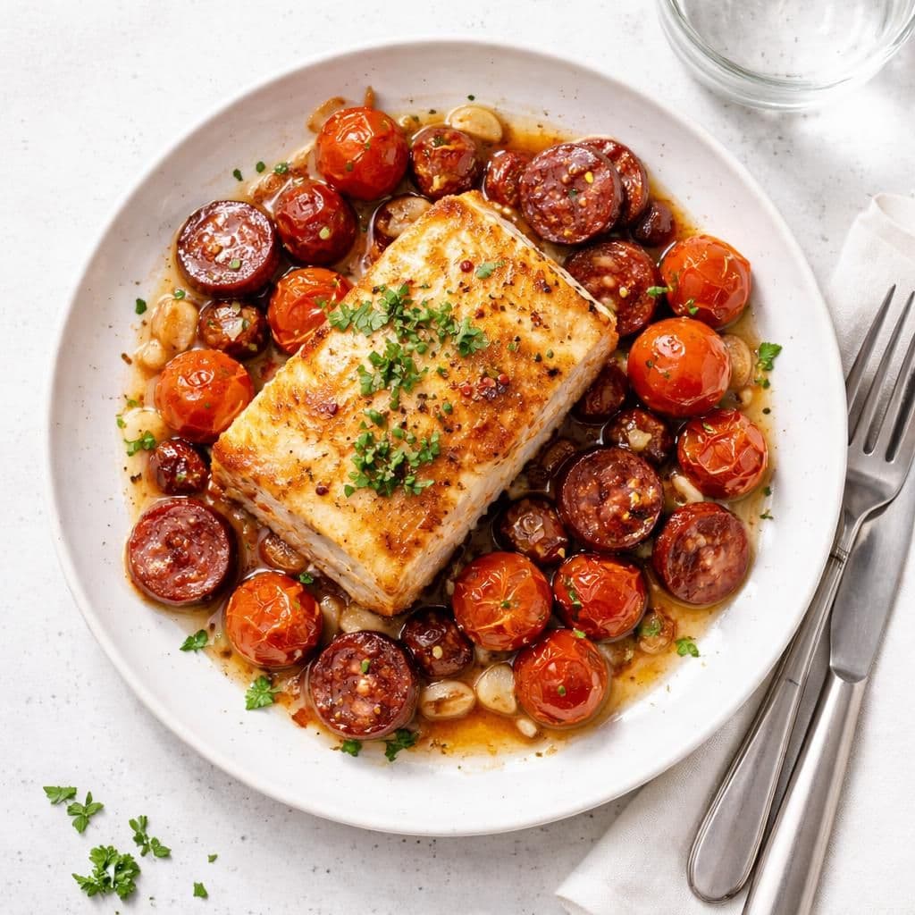 Stekt torsk med chorizo og perletomat