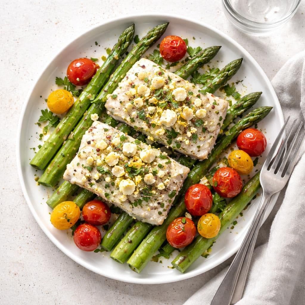 Ovnsbakt torsk med asparges og fetaost