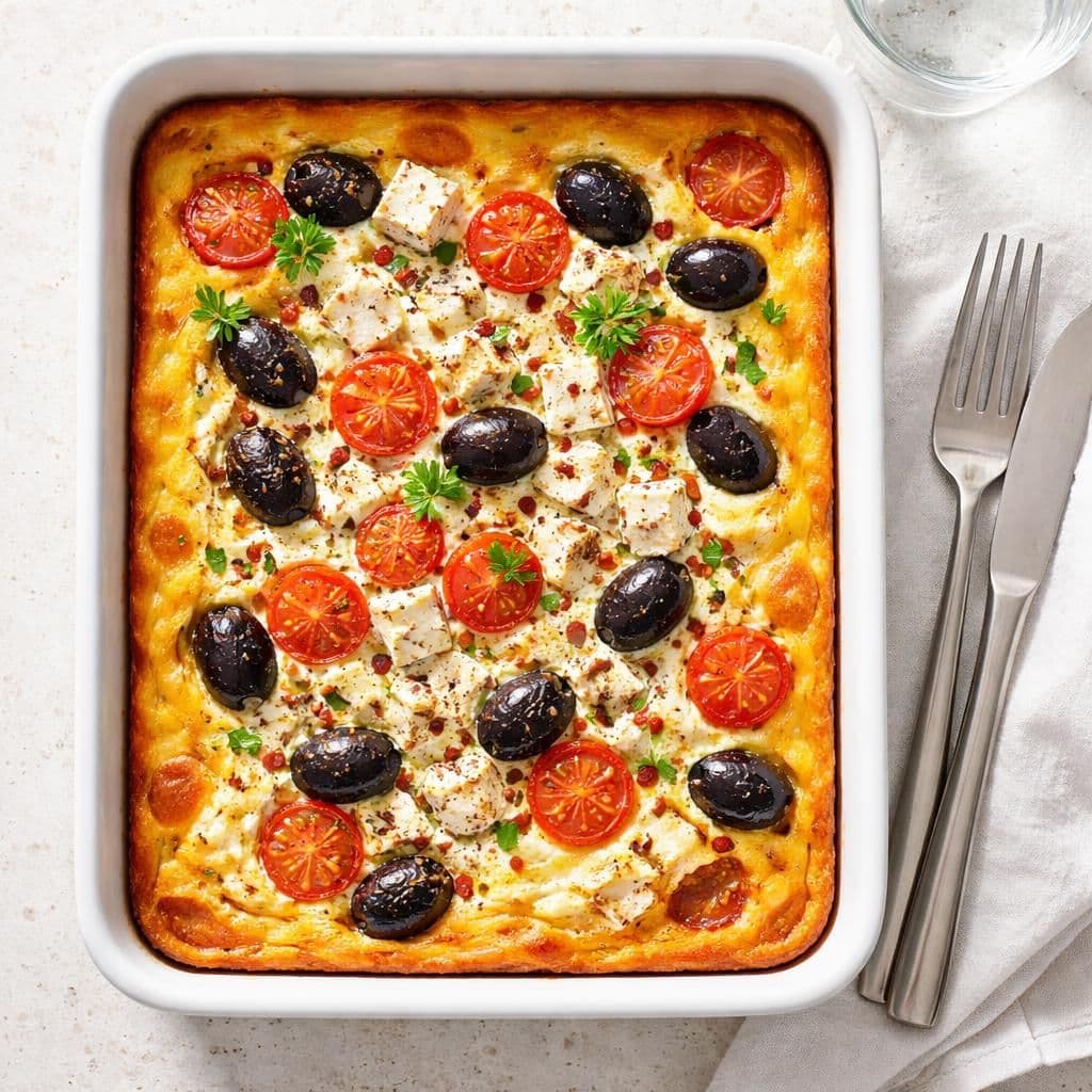 Gresk fetaomelett bakt i ovn med oliven og tomat