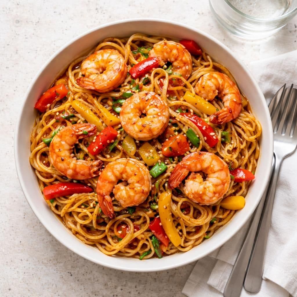 Argentinske villreker wok med eggnudler og paprika