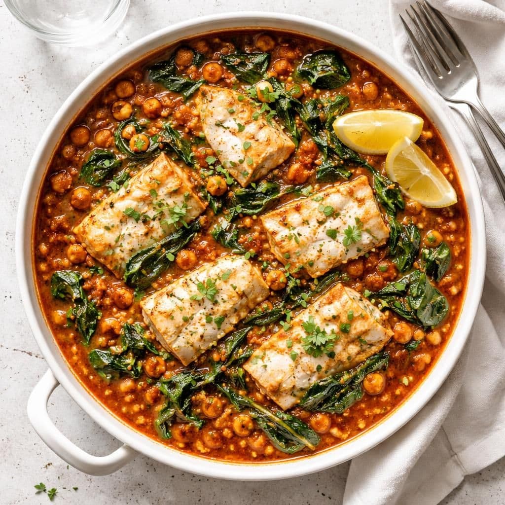 Sei med kikerter og spinat i tomat