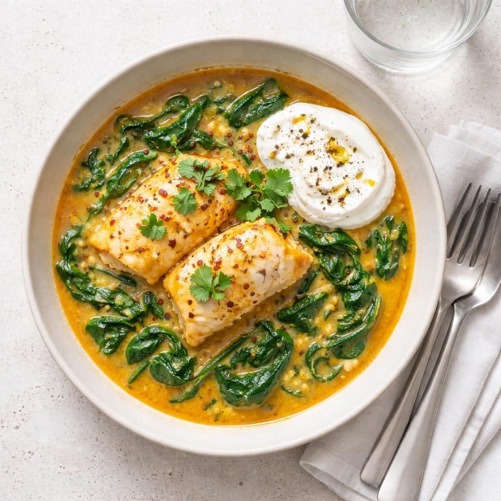 Torsk i kokoskarri med spinat og gresk yoghurt