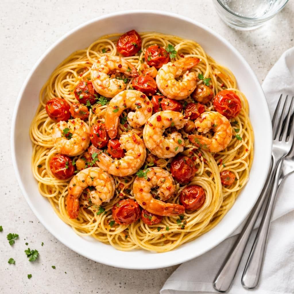 Scampi stekt med hvitløk, chili og perletomater