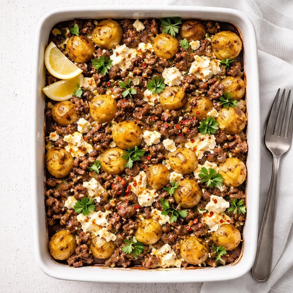 Ovnsbakt oksekjøttdeig med små gule poteter og fetaost