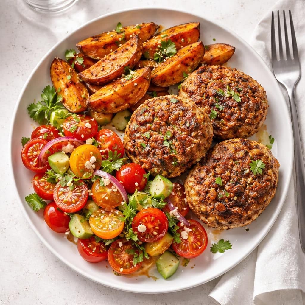 Kyllingkjøttdeig-patties med søtpotet og tomatsalat