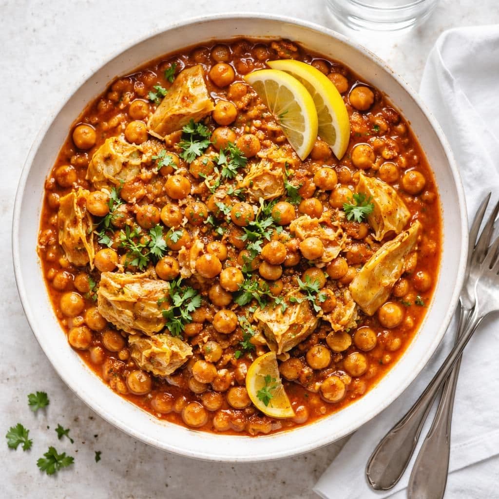 Kikertgryte med nykål og krydret tomatsaus