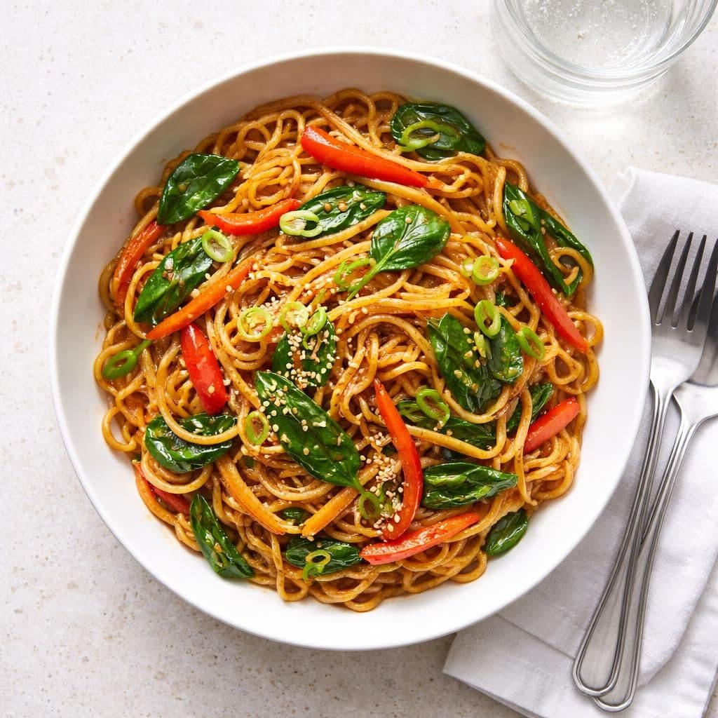 Eggnudler med strimlet grønnsak og woksaus