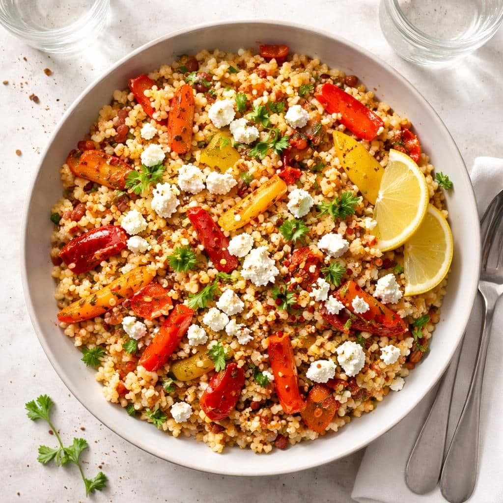 Ovnsbakt couscous med røde linser og grillet paprika
