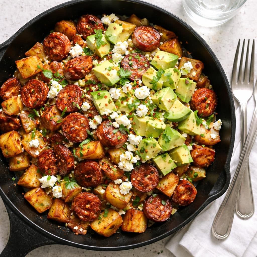Chorizo og potet i panne med fetaost og avokado