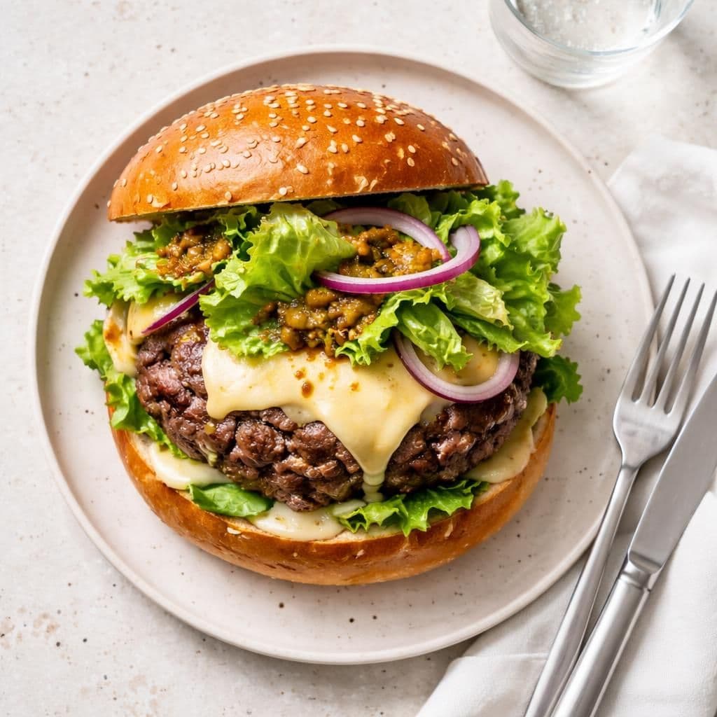 Big beef burger med camembert og romano salat
