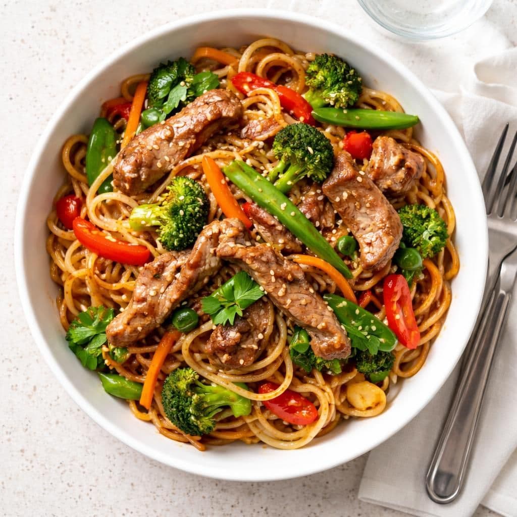 Strimlet svinekjøtt wok med eggnudler og grønnsaker