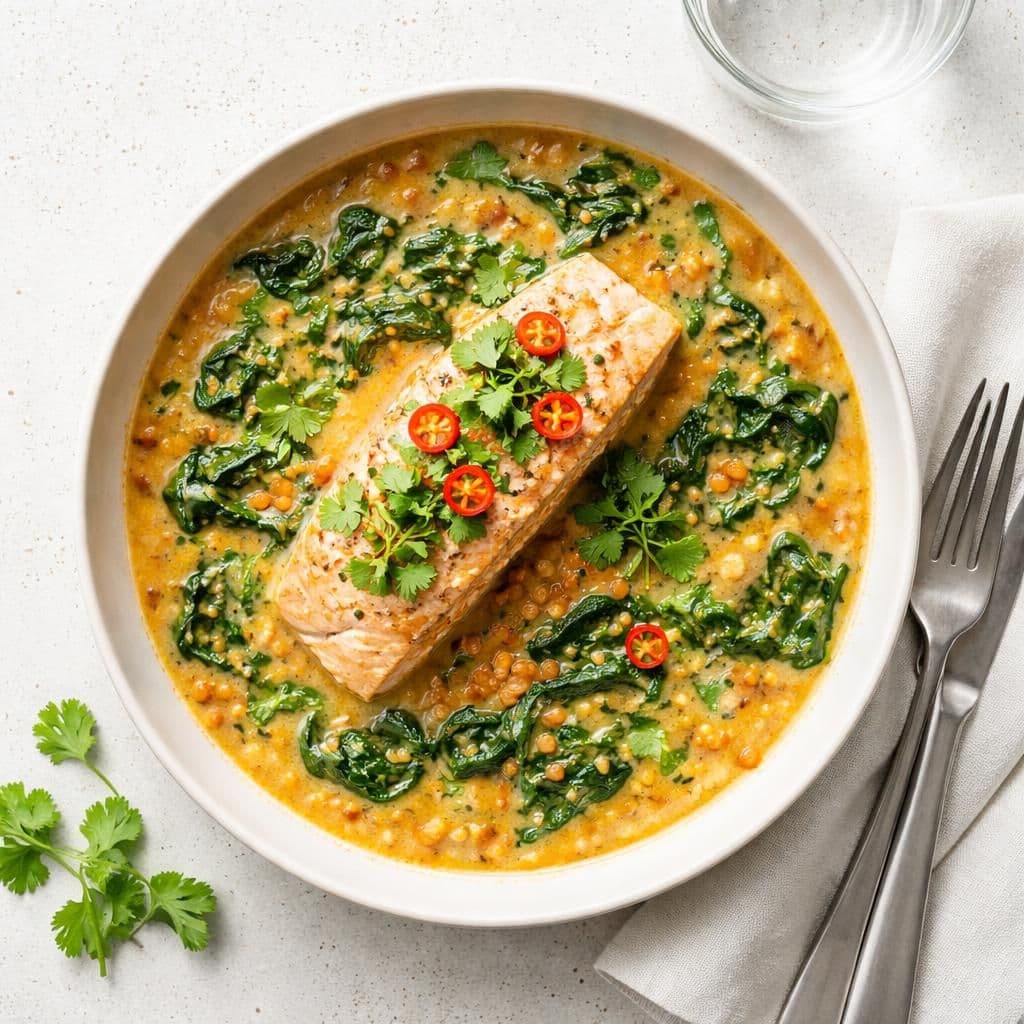 Laks i kokossaus med røde linser og spinat