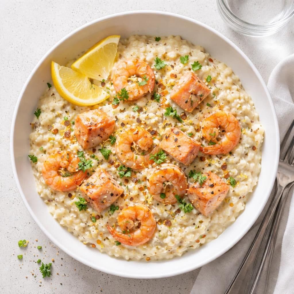 Cremet lakse-scampi risotto