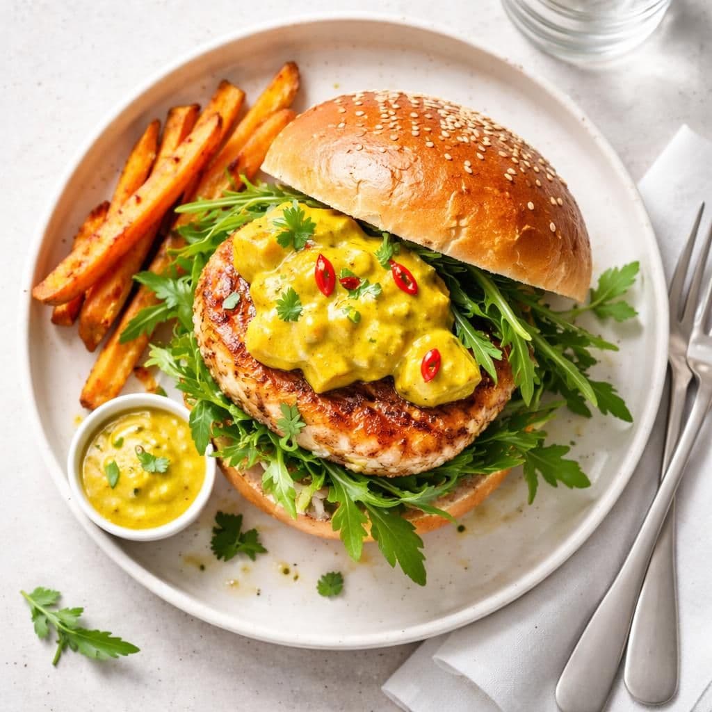 Lakseburger med mango curry saus og salat
