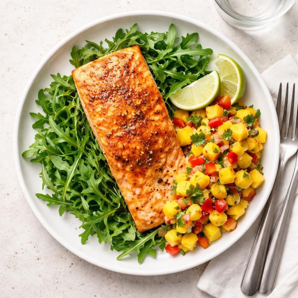 Laksefilet i ovn med mangosalsa og ruccula