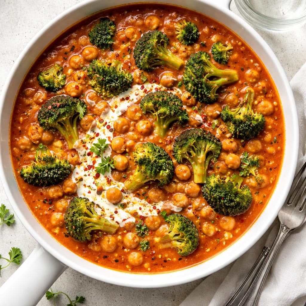 Kikertgryte med brokkoli og kremet tomataus