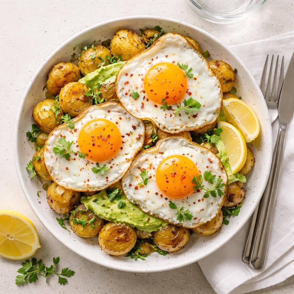 Ovnsbakte små poteter med avokadokrem og egg