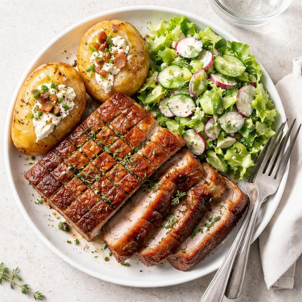 Grillribbe i ovnen med bakepoteter og crispisalat