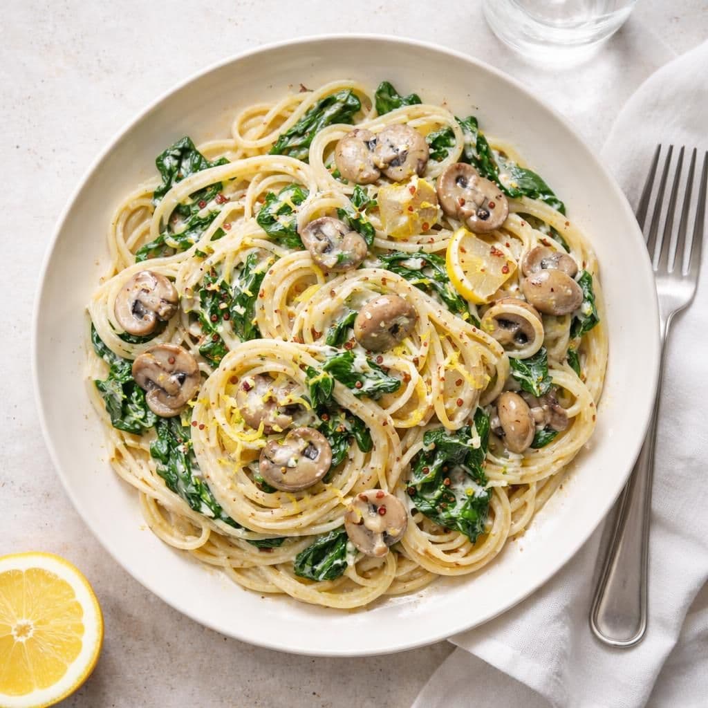 Sitron-sjampinjong pasta med spinat og gresk yoghurt
