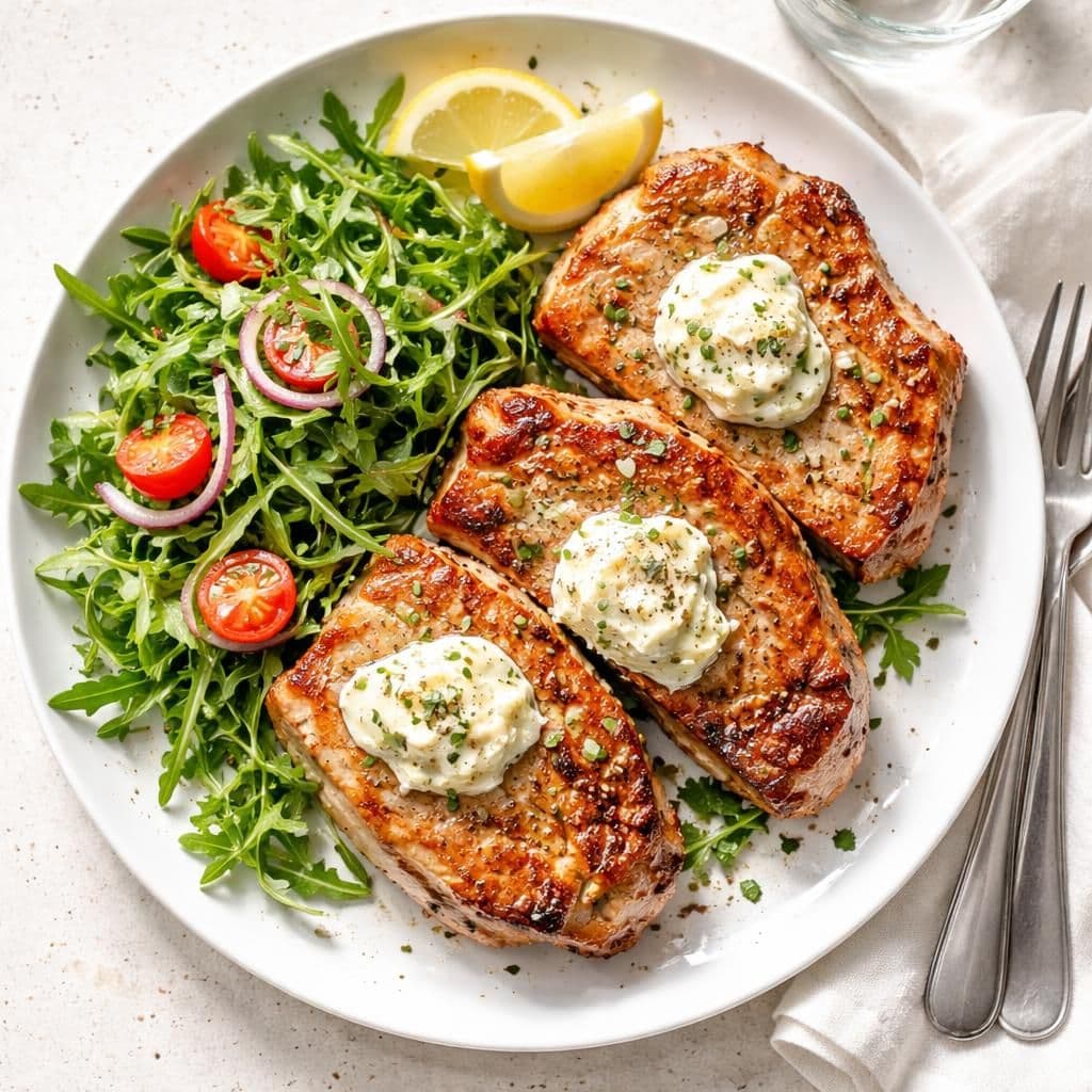 Svinekotелetter med hvitløkskrem og ruccula