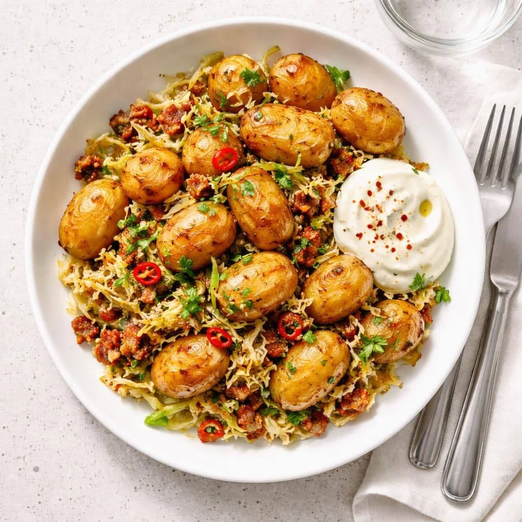 Stekte små gule poteter med chorizo-krydret kål og aioli