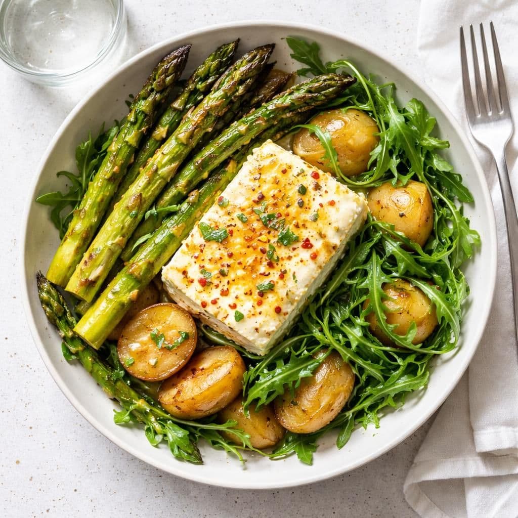 Fetaost og asparges i ovn med potet og ruccula